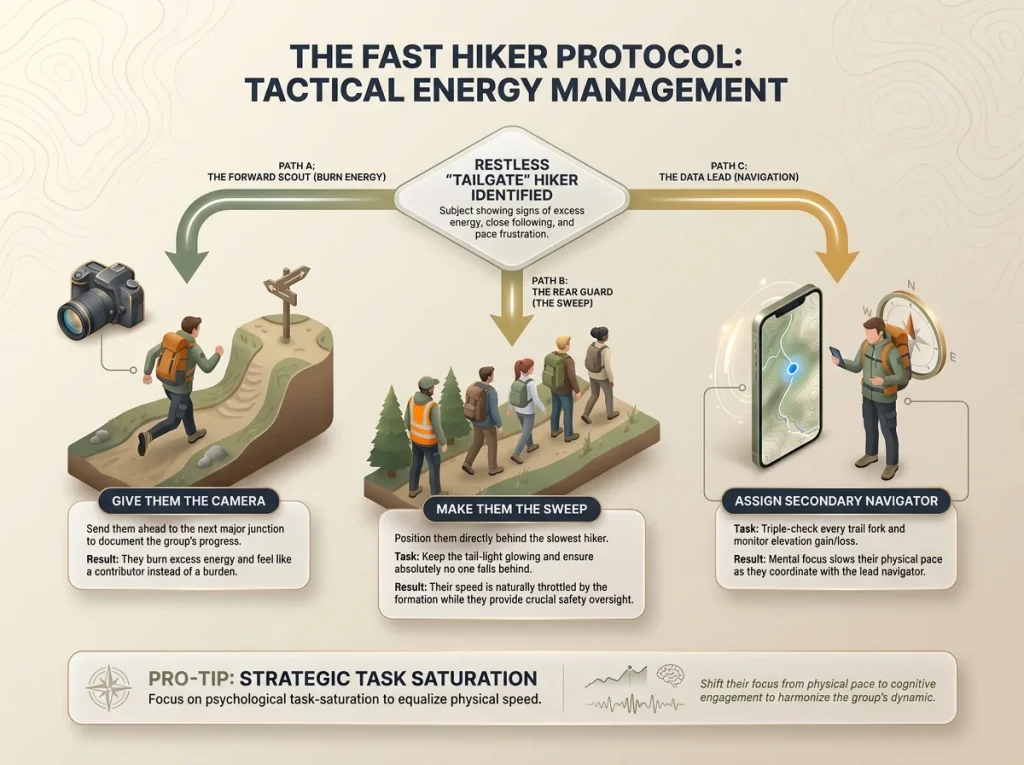 Flowchart showing 3 tactical strategies to manage fast hikers in a group using task delegation and role assignment
