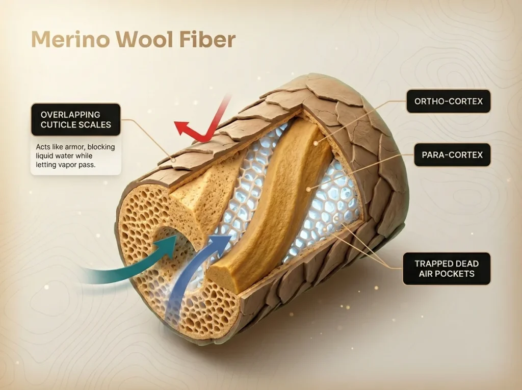 Infographic showing merino wool fiber cross-section with labeled ortho-cortex, para-cortex twists, and insulating air pockets