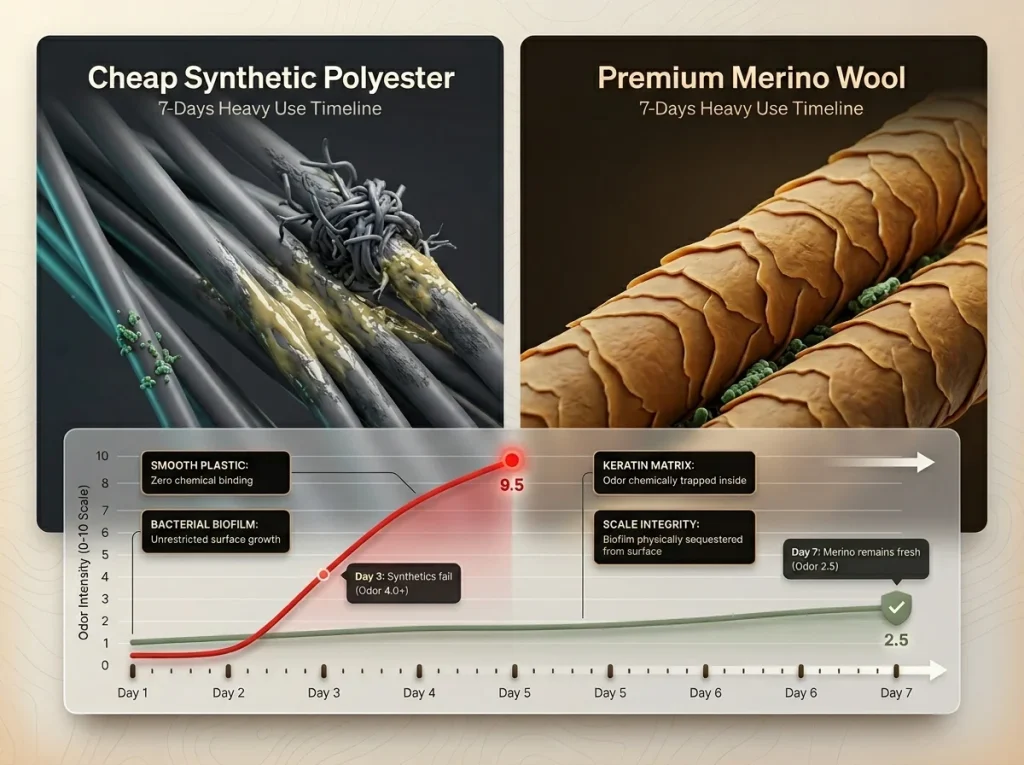 Infographic comparing 7-day odor intensity timeline of merino versus synthetic socks with macro photos of fiber scale integrity
