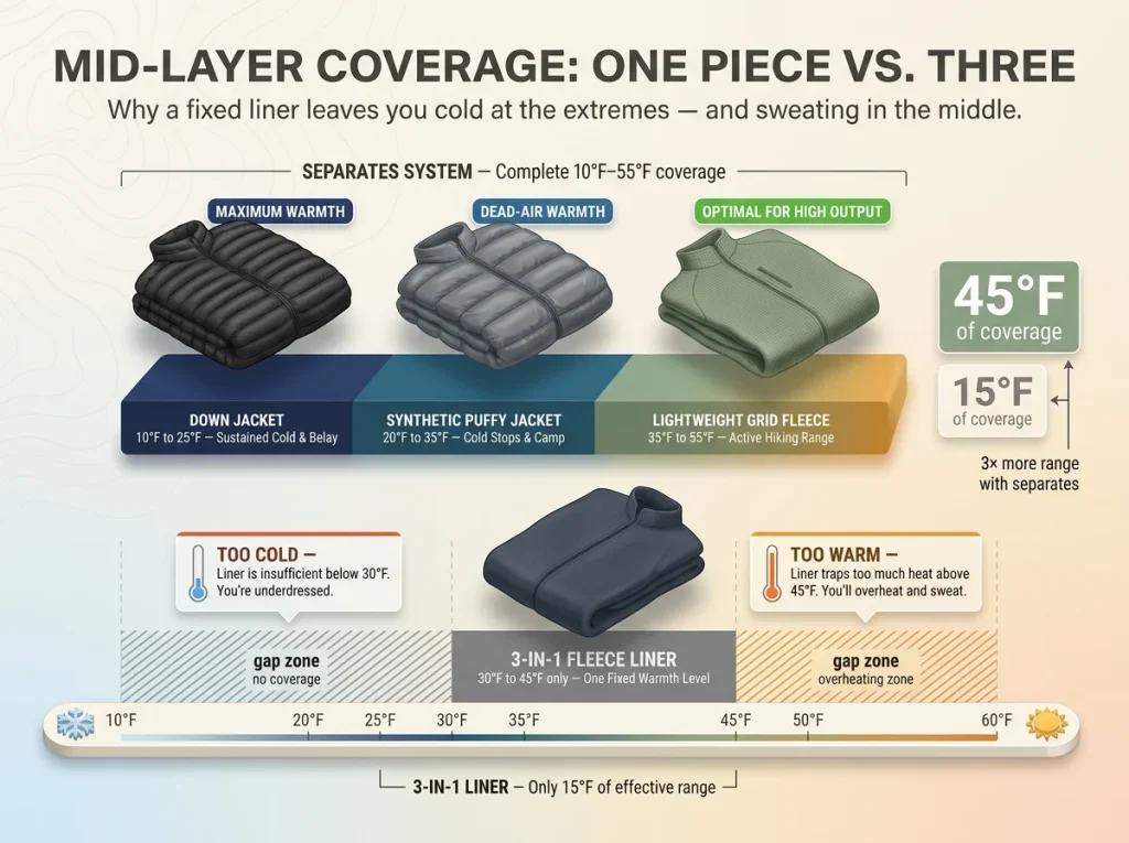 Infographic comparing mid-layer temperature ranges showing 3-in-1 liner gaps vs three separate layers across 10–60°F spectrum
