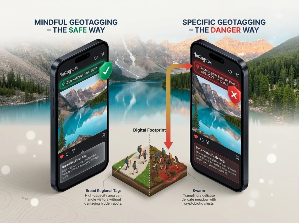 Infographic showing a mock Instagram post comparing responsible broad geotagging vs harmful specific trail geotags