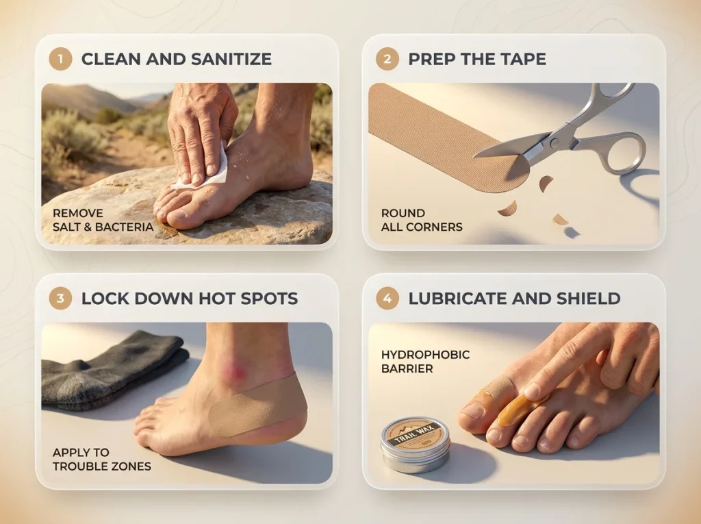 Photo sequence showing 4 steps of a morning hiking foot care routine including cleaning, tape prep, and lubrication
