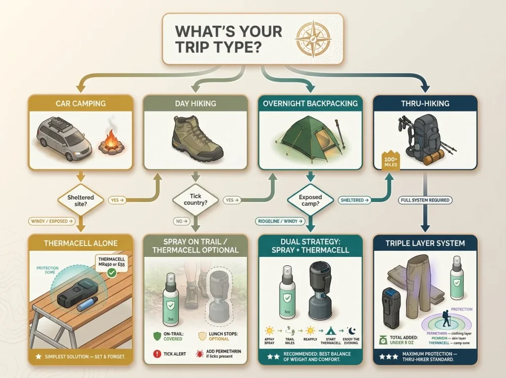 Infographic decision flowchart showing mosquito protection recommendations by trip type from car camp to thru-hike with product combos