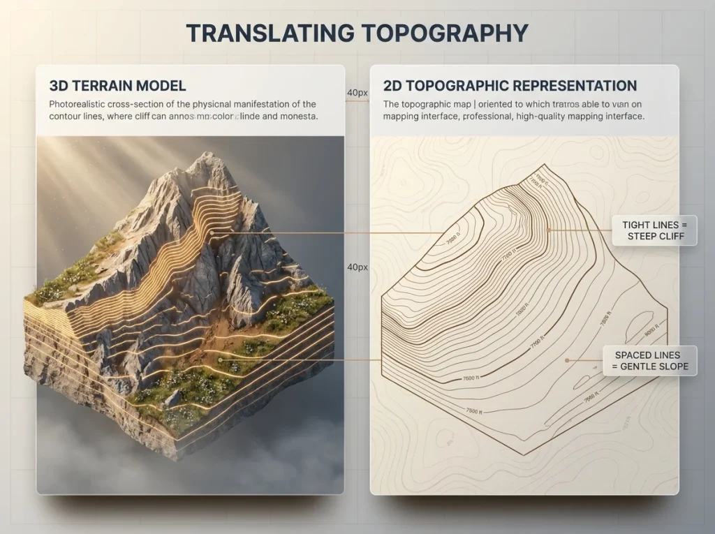 Infographic comparing a 3D mountain cross-section to its 2D topographic map representation with labeled contour lines.