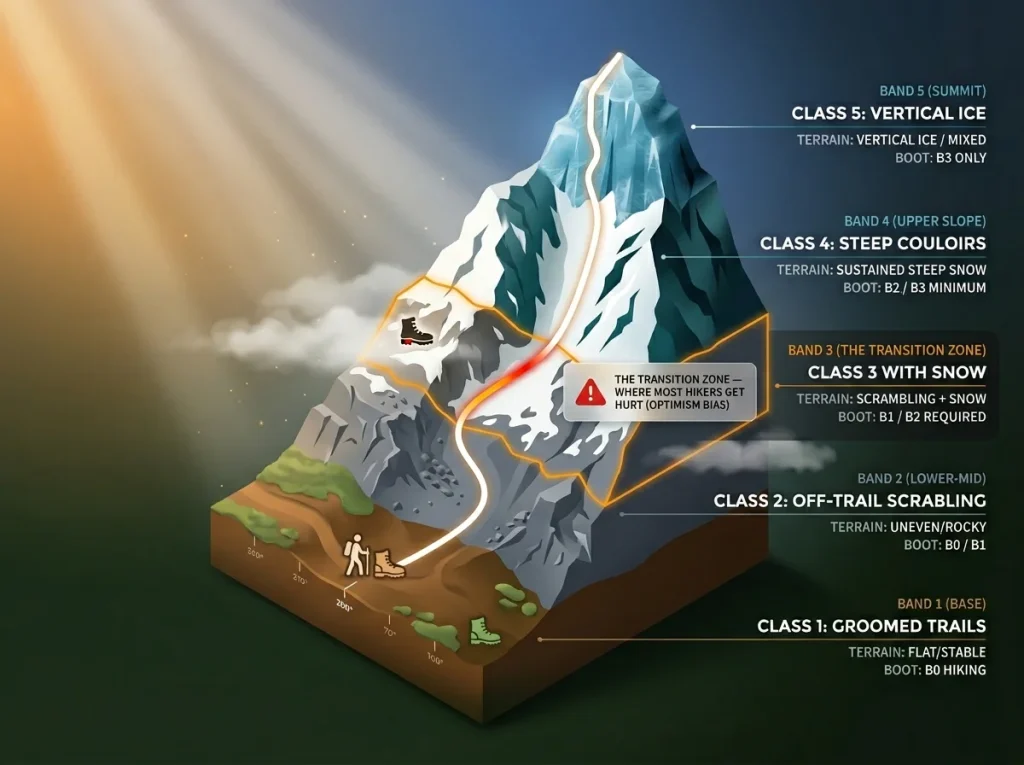 Infographic showing mountain terrain classes 1-5 with recommended boot ratings and a highlighted danger transition zone