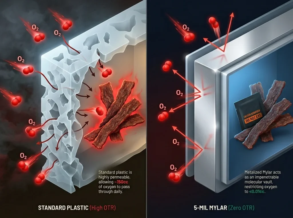 Infographic showing molecular barrier comparing porous plastic zip bags letting oxygen pass through versus impenetrable 5-mil Mylar aluminum shields