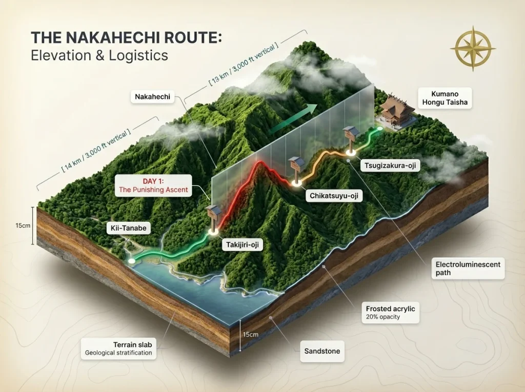 Infographic showing the Nakahechi route map from Kii-Tanabe to Kumano Hongu Taisha with elevation profile, waypoints, and distance markers