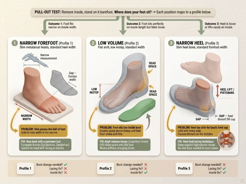 Infographic showing three narrow foot profiles — narrow forefoot, low volume, narrow heel — with fix arrows and recommended solutions