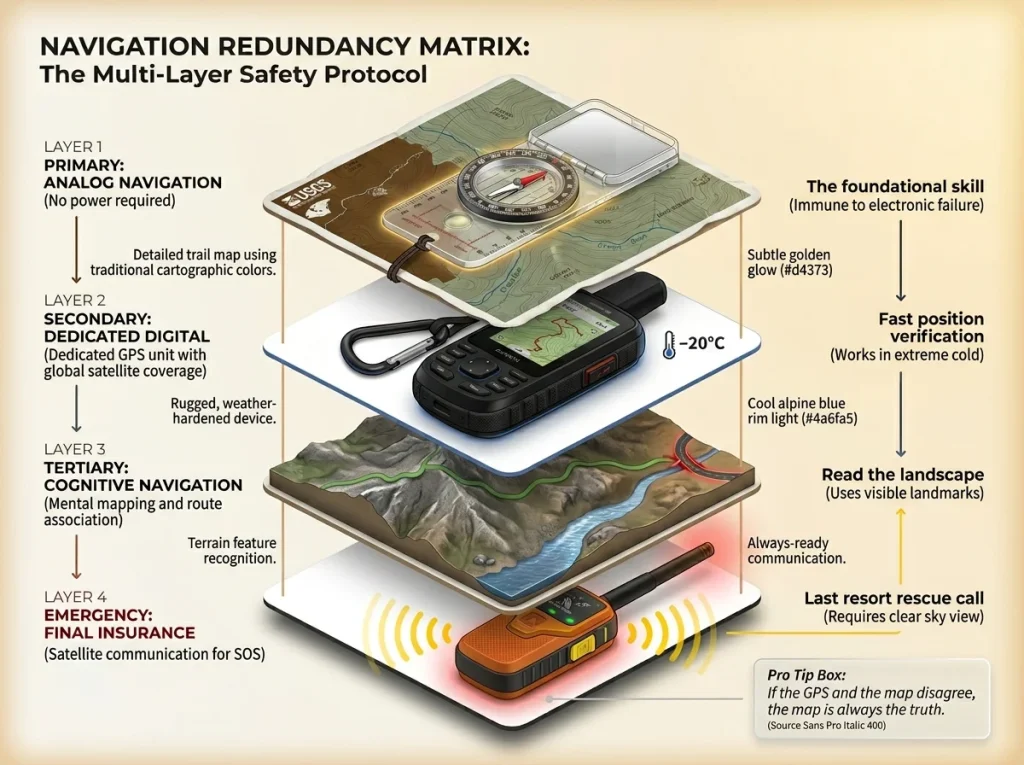 Infographic showing the 3-tier navigation redundancy matrix for hikers with map, GPS, and terrain layers