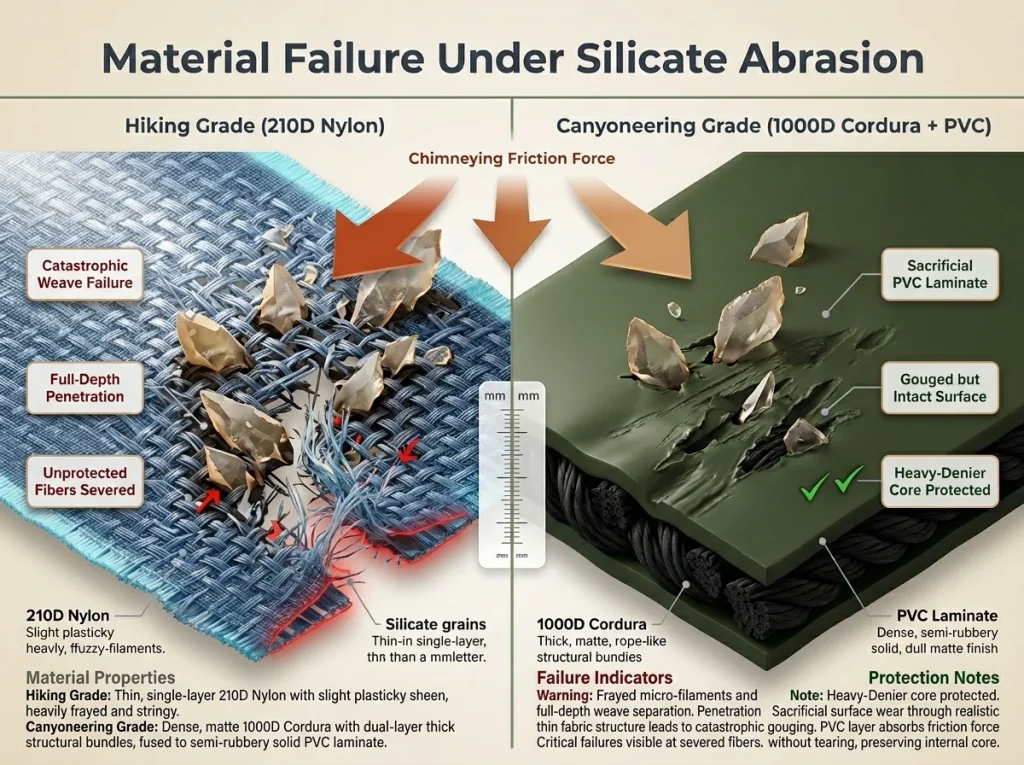 Infographic comparing 210D nylon and 1000D Cordura microscale fiber abrasion with silicate grain penetration depth labels