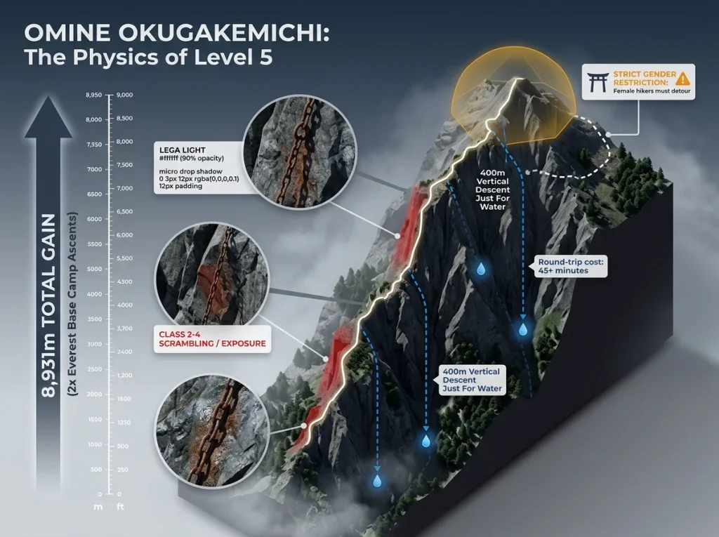 Infographic showing Omine Okugakemichi elevation profile with annotated chain sections, water refill descents, and hazard zones