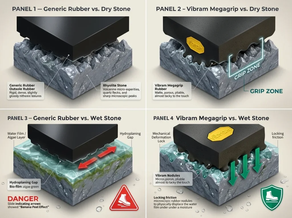 Infographic showing microscopic interaction between generic hiking rubber and Vibram Megagrip on wet rhyolite stone