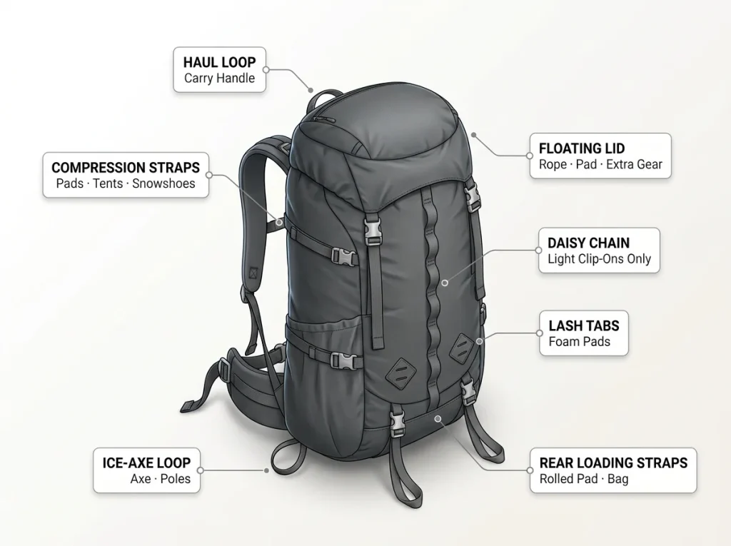 Infographic showing all external backpack attachment points labeled with what each is built to carry, from compression straps to floating lid