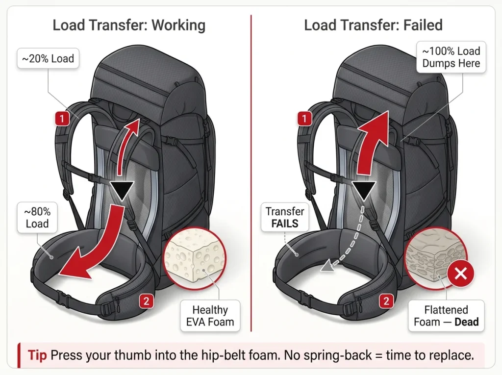 Diagram showing 80/20 hip-vs-shoulder load split on a hiking pack with arrows showing load transfer failure when hip-belt foam flattens.