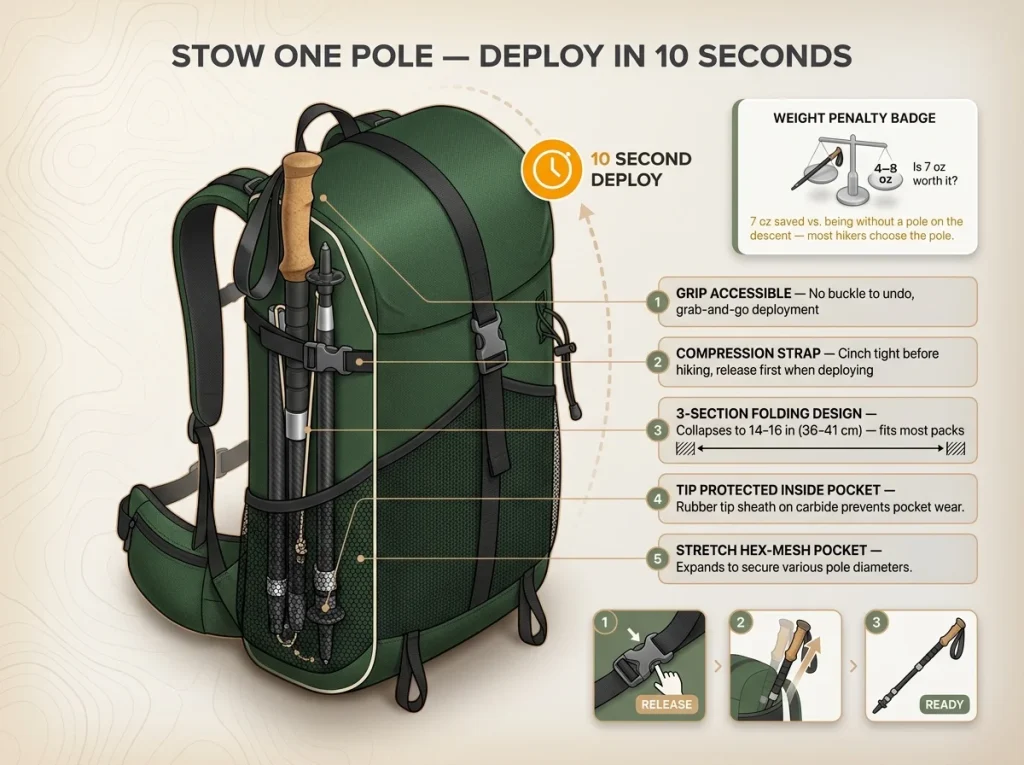Infographic showing trekking pole stowed in pack side pocket with cutaway view, collapsed length, strap attachment, and 10-second deploy annotation
