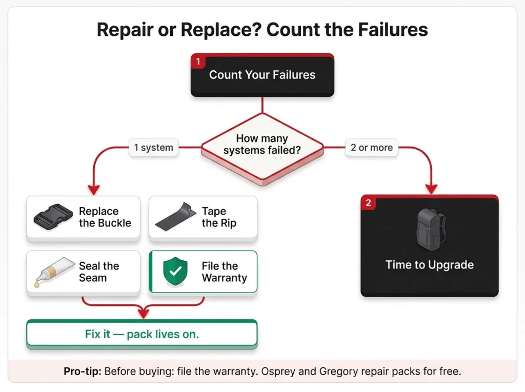 Decision flowchart for hiking pack repair vs replacement: count failures, branching into fix options — buckle, tape, seam seal, warranty — or upgrade path.