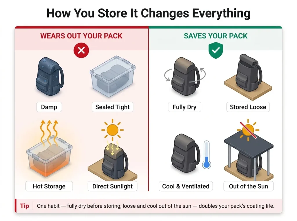 Two-column storage infographic comparing habits that wreck a hiking pack — damp, sealed, hot, sunny — against habits that preserve it: dry, loose, cool, shaded.