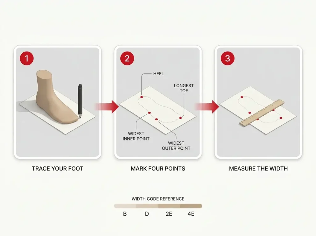 Step-by-step infographic showing the paper-trace foot width method with four marks and a B/D/2E/4E conversion strip
