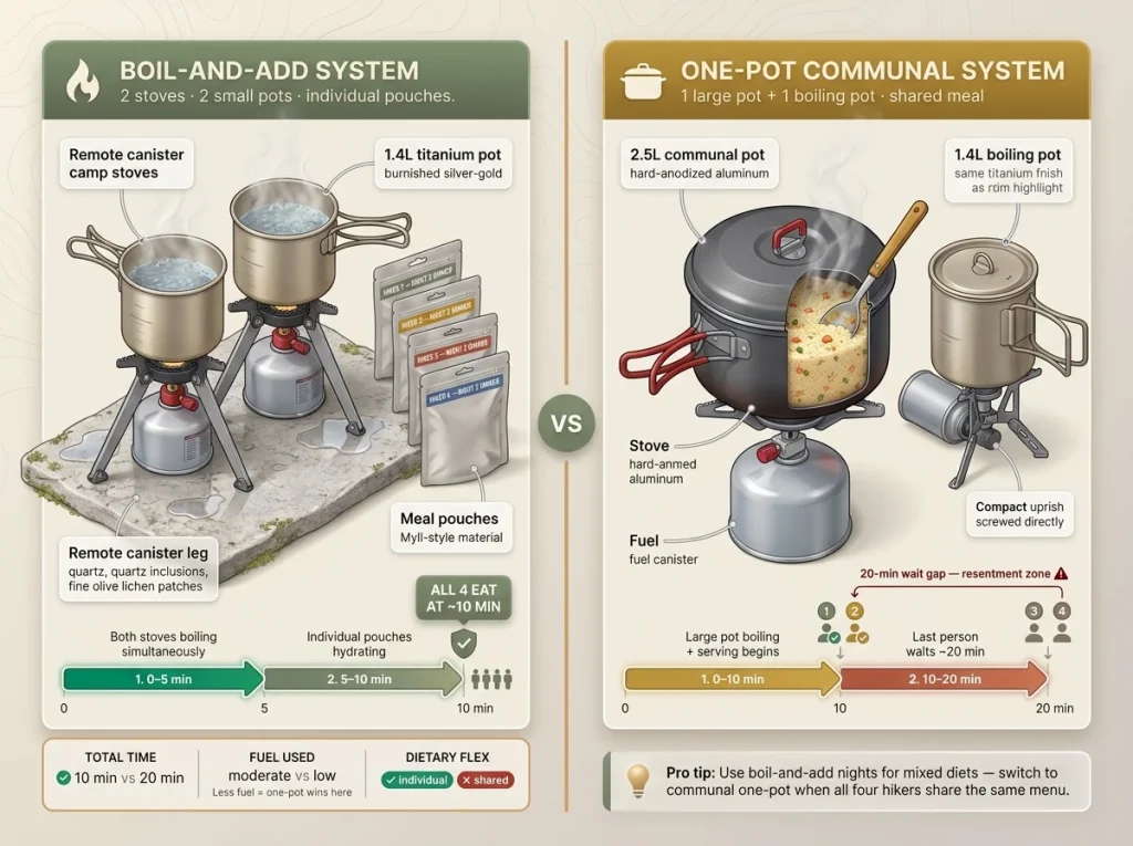 Infographic comparing boil-and-add vs one-pot group cooking systems with timing diagrams and 4-person meal prep sequences