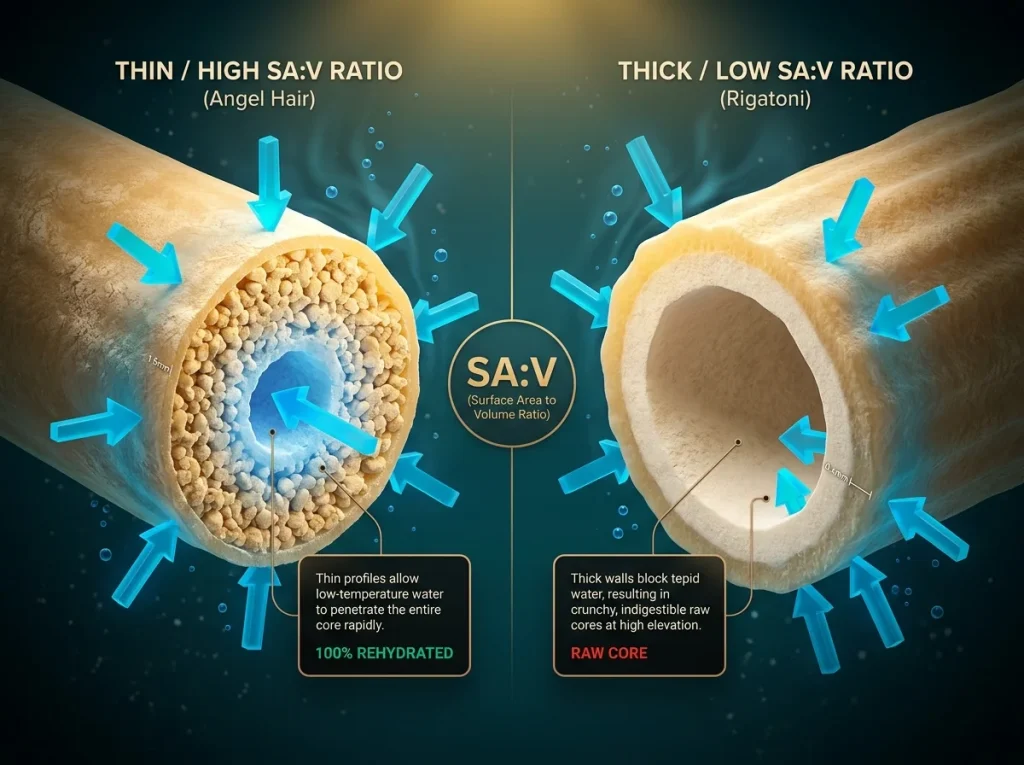 Infographic showing cross-sectional comparison of angel hair pasta versus rigatoni demonstrating faster water absorption at high altitude