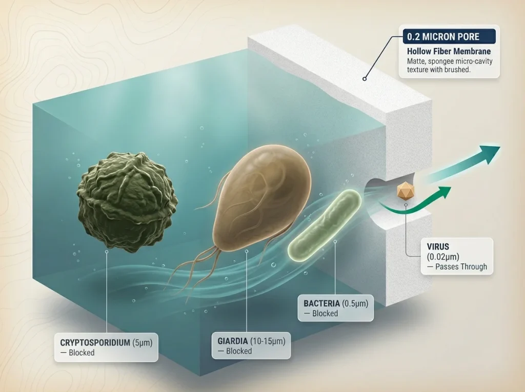 Infographic showing relative sizes of viruses, bacteria, giardia, and cryptosporidium against a 0.2-micron filter pore