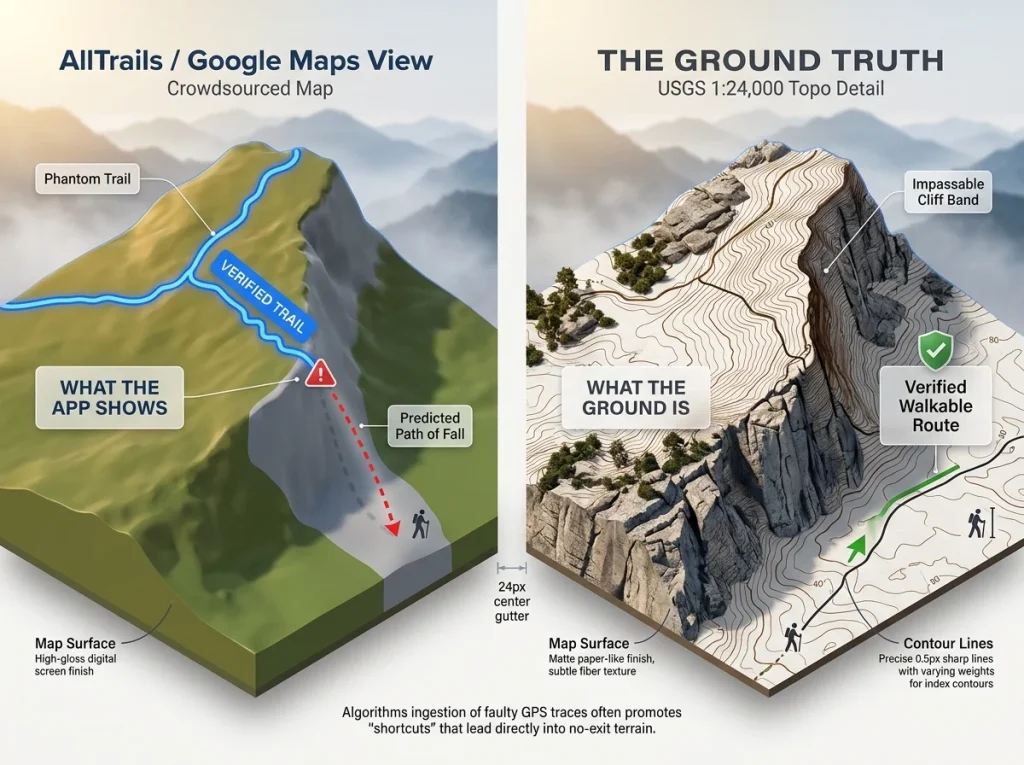Infographic comparing a crowdsourced phantom trail leading to a cliff versus a detailed USGS topographic map showing impassable terrain
