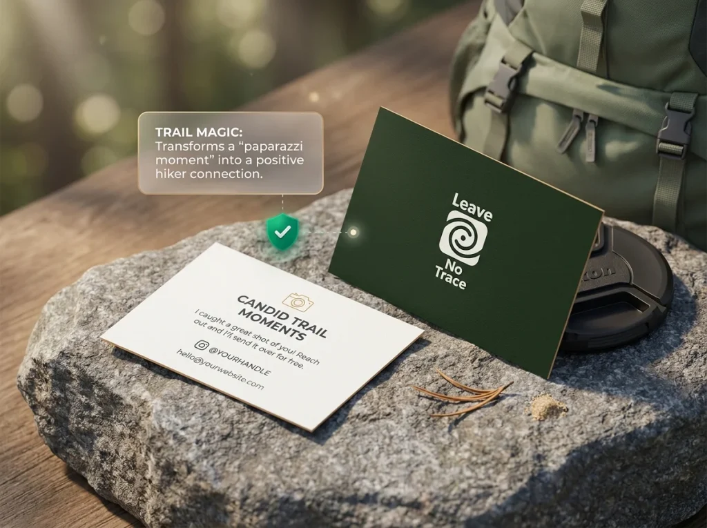 Mock-up of a minimalist photographer contact card for trail use, showing Instagram handle and email for candid consent.
