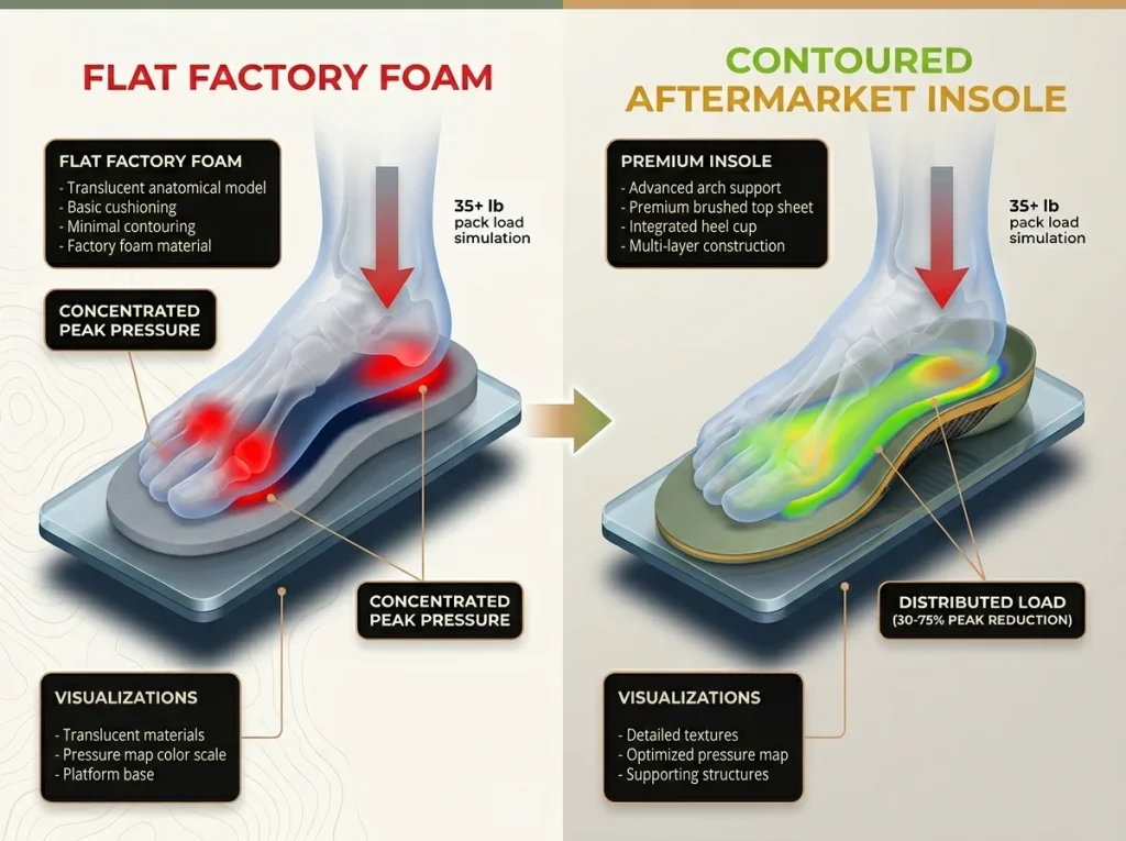Infographic comparing plantar pressure maps of factory insoles versus aftermarket contoured orthotics under heavy hiking loads