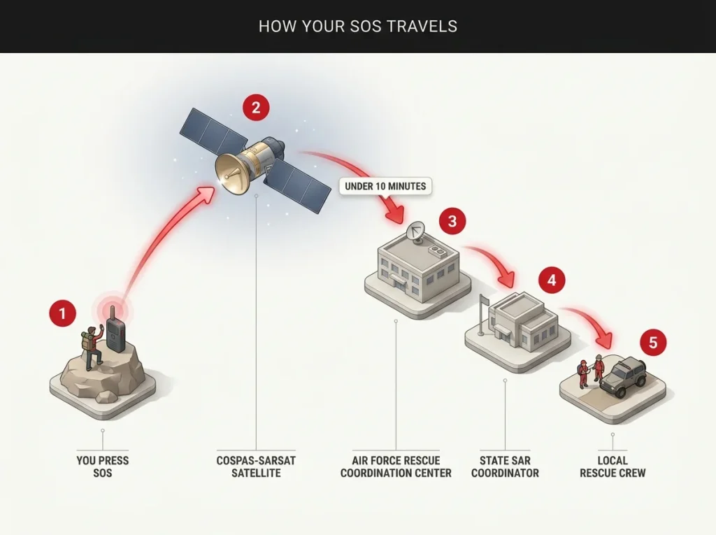 Signal-path diagram tracing a beacon SOS from hiker to satellite to rescue coordination center to local crew