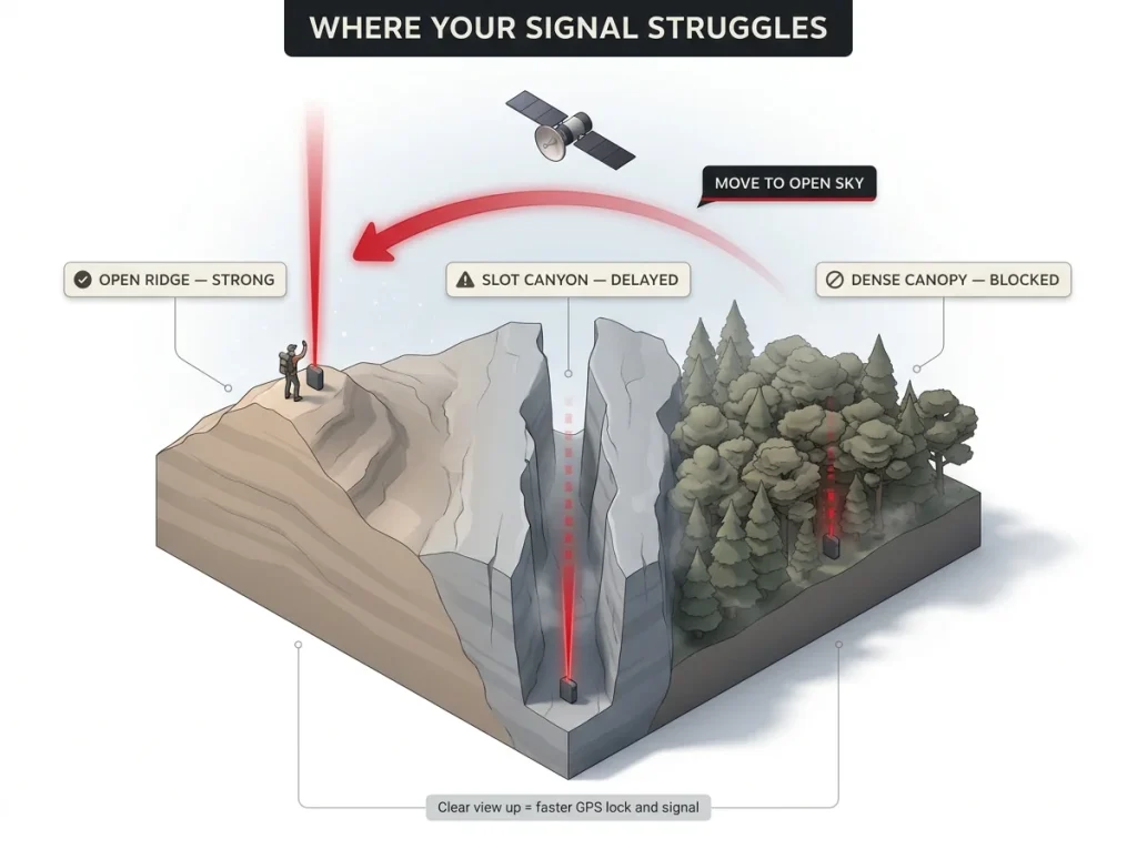 Terrain cross-section comparing strong beacon signal on open ridge with blocked signal in slot canyon and dense canopy