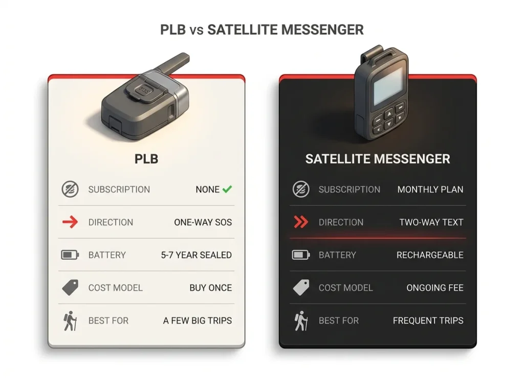 Two-column comparison card of PLB versus satellite messenger across subscription, direction, battery, cost, and best-for