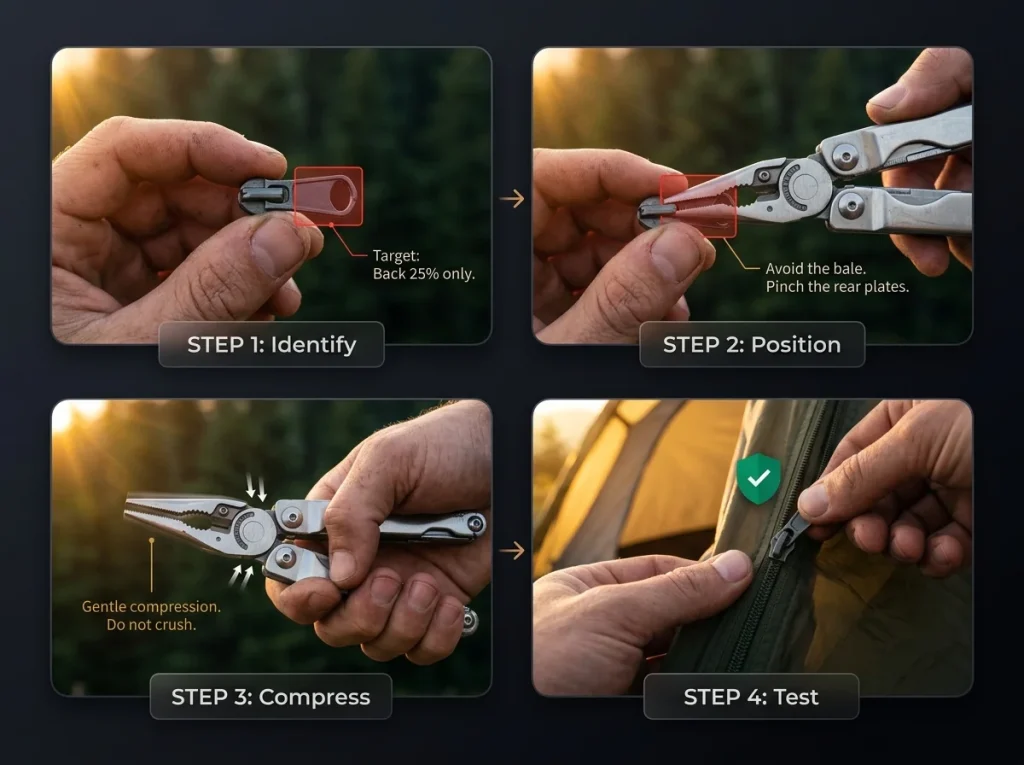 Photo sequence infographic showing the 4 steps of repairing a tent zipper slider with multi-tool pliers