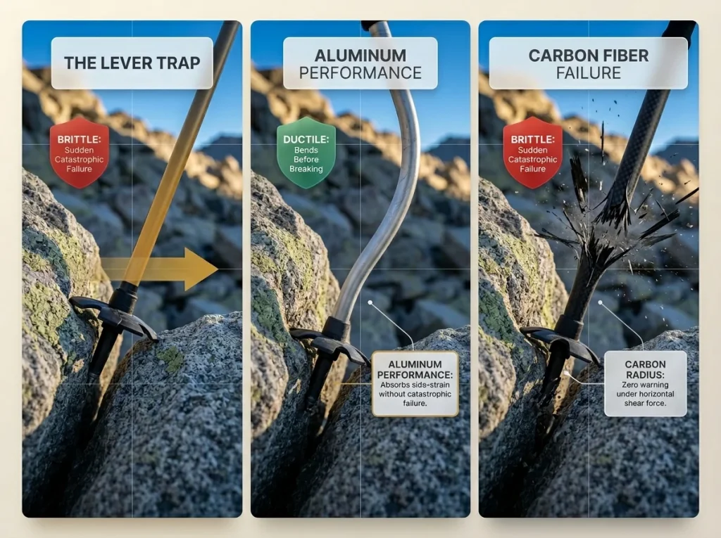 Photo sequence showing a wedged trekking pole, aluminum bending under leverage, and carbon fiber vividly shattering