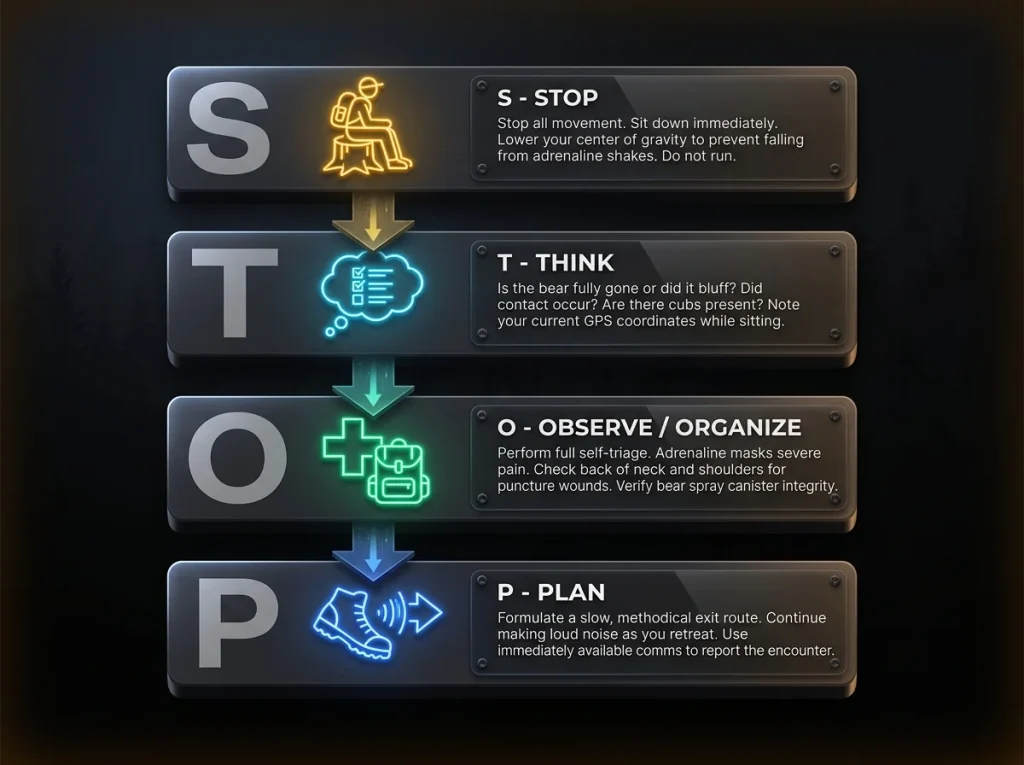 Vertical 4-step STOP protocol flowchart for post-bear encounter recovery and response
