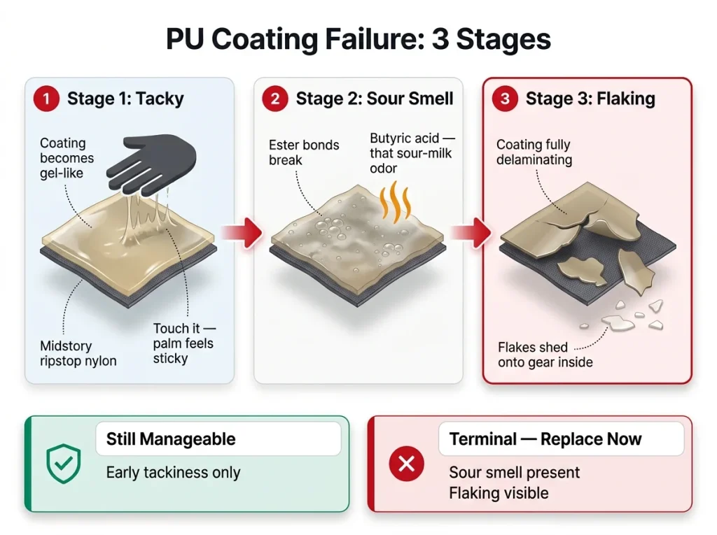 3-stage infographic of PU coating hydrolysis in hiking packs: tacky stage, sour-smell stage, and flaking stage, with still-safe vs terminal callout.
