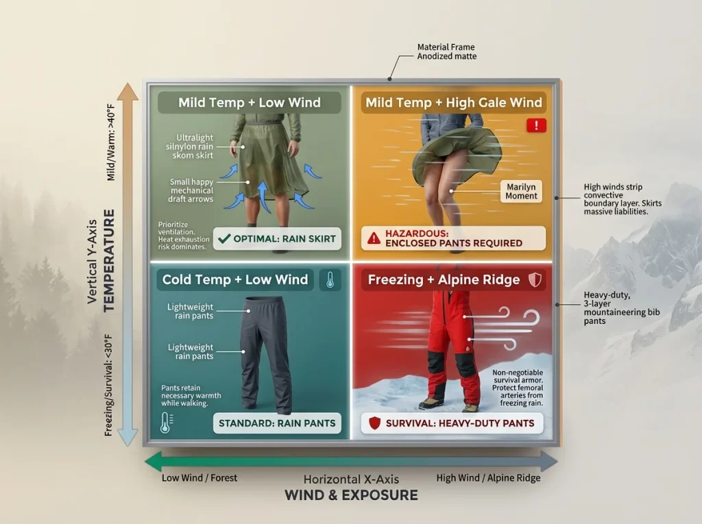 Infographic decision matrix plotting temperature and wind exposure to recommend rain skirts for mild conditions and full pants for alpine exposure