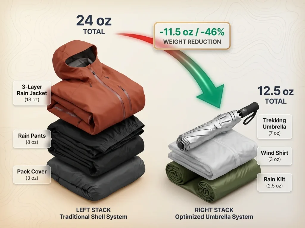 Infographic stacking weight comparison of traditional rain jacket system versus ultralight trekking umbrella system showing 46 percent savings