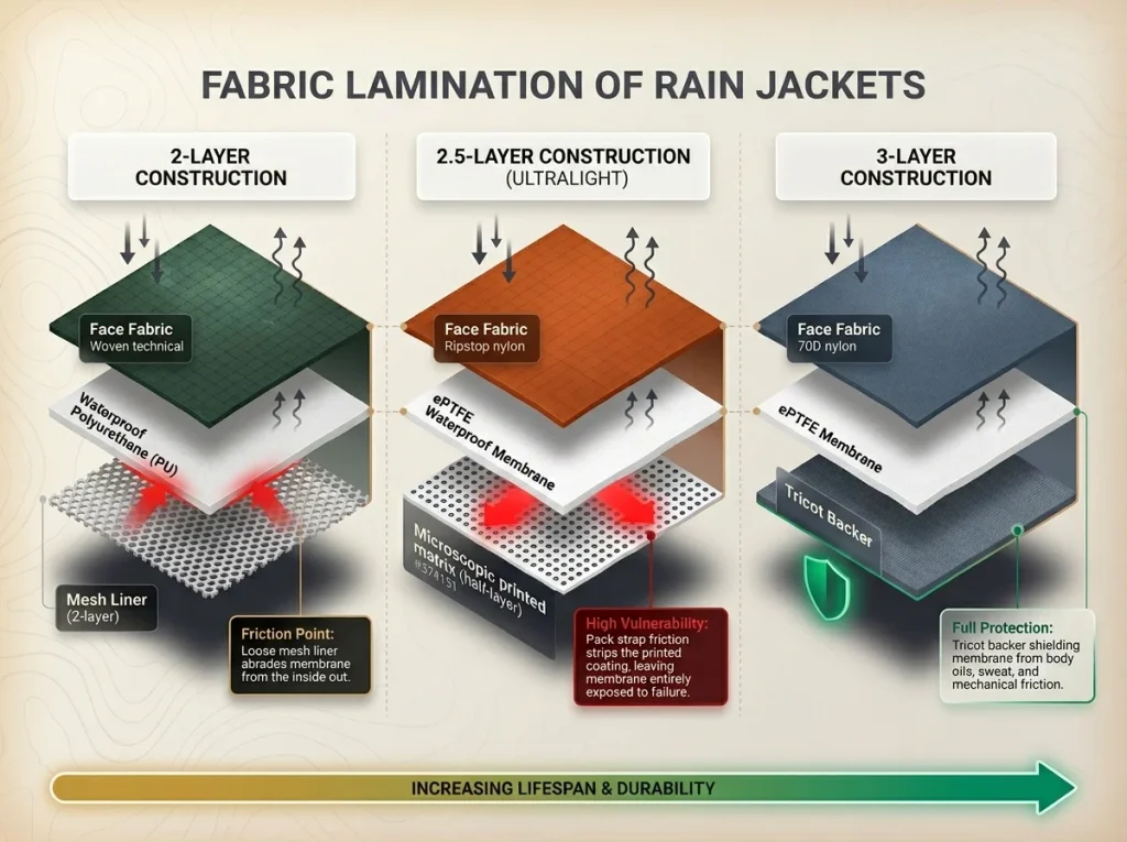 Infographic showing 2-layer, 2.5-layer, and 3-layer rain jacket construction with membrane layers and labeled failure zones