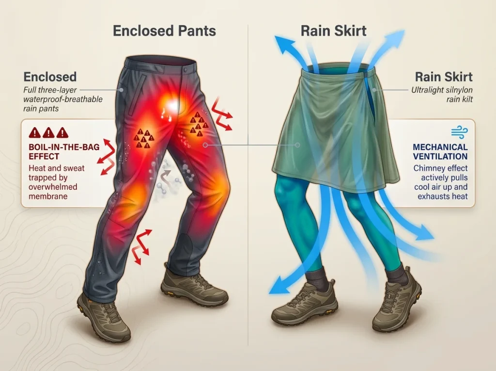 Infographic showing a split thermal heatmap comparing heat trapped in wet rain pants versus cool exhaust drafting from a rain skirt