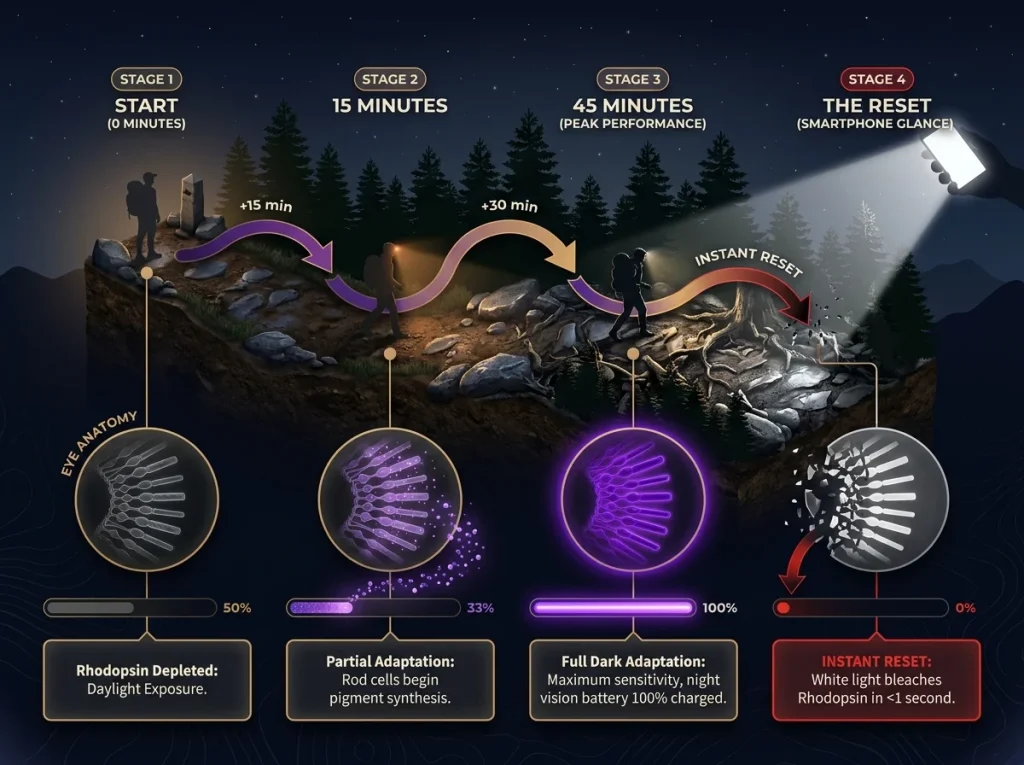 Infographic showing the 45-minute Rhodopsin recharge timeline compared to instant depletion from smartphone screen light