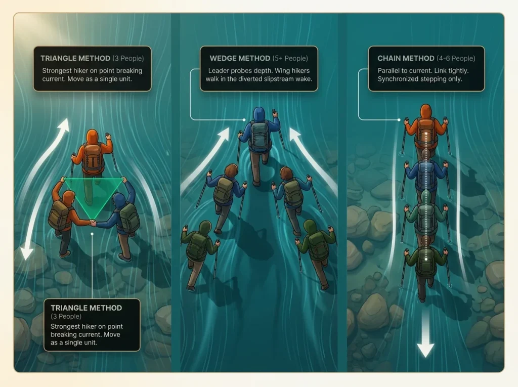 Infographic showing 3 group river crossing formations with labeled instructions for triangle, wedge, and chain techniques
