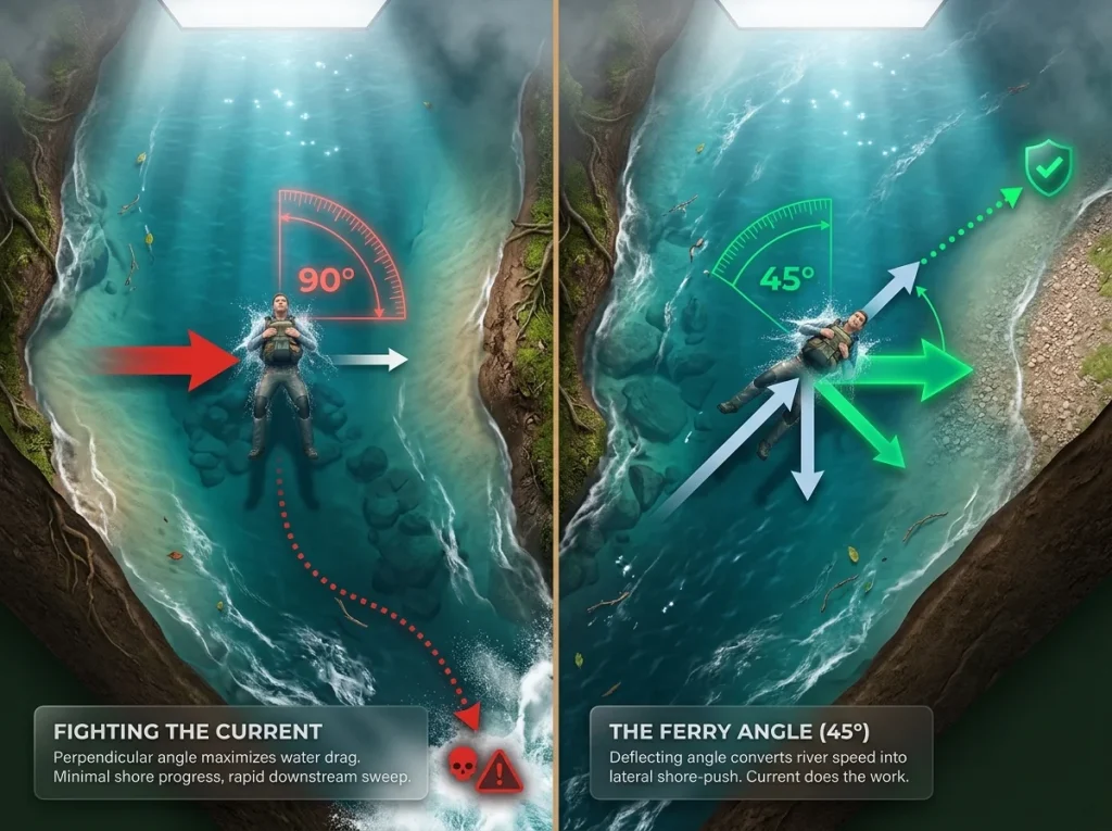 Infographic showing river ferry angle swimming technique compared to perpendicular swimming with labeled trajectories and progression results