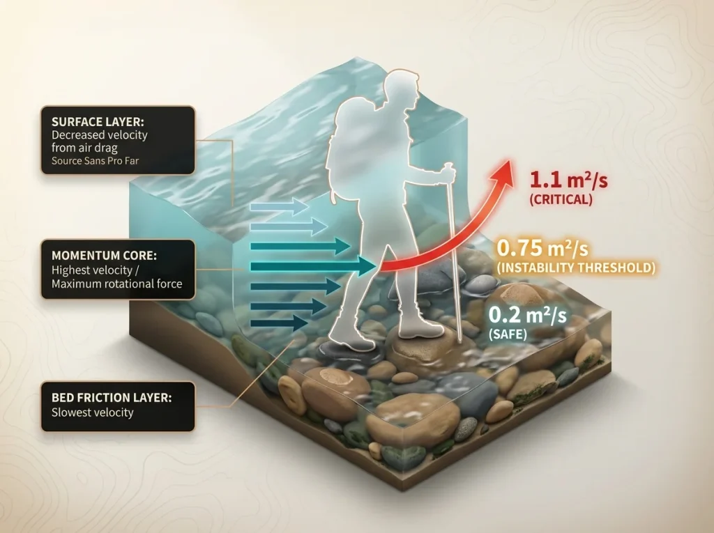 Infographic showing river vertical speed gradient with labeled water velocities, moment arm forces, and depth-velocity product values across a hiker's body