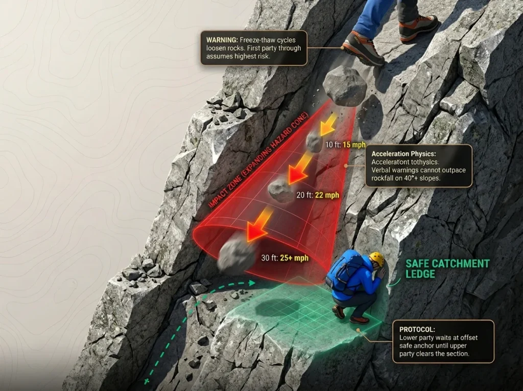 Infographic diagram of Class 3 couloir rockfall physics showing velocity vectors and safe catchment ledges for lower climbers