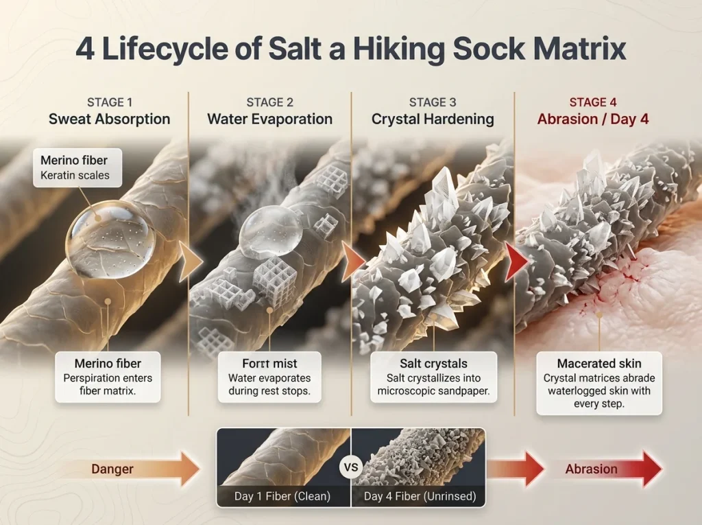 Infographic showing microscopic sequence of sweat evaporating and leaving salt crystals that abrade macerated skin