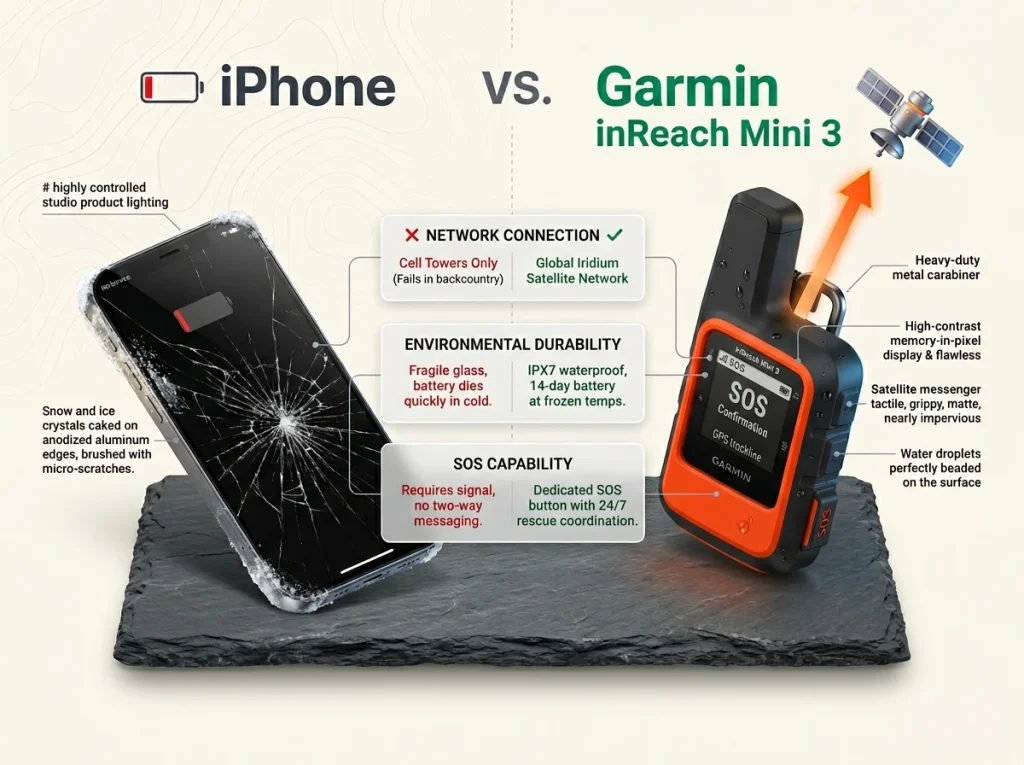 Infographic comparing Garmin inReach Mini 3 versus smartphone reliability with battery life, navigation, and satellite network specs