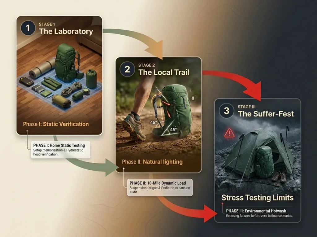 Infographic showing a three-phase gear testing protocol with living room layout, local trail hike, and alpine storm pitch