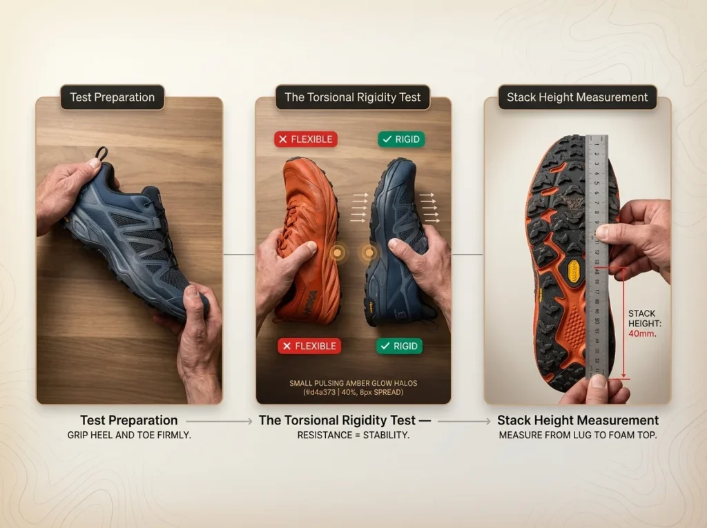 Infographic showing 3-step footwear testing guide for torsional rigidity and stack height measurement