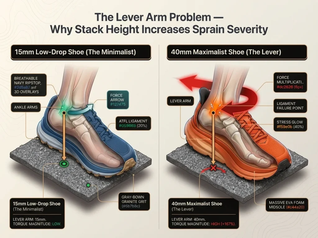Infographic comparing 15mm vs 40mm shoe stack height lever arms during ankle roll with torque force arrows
