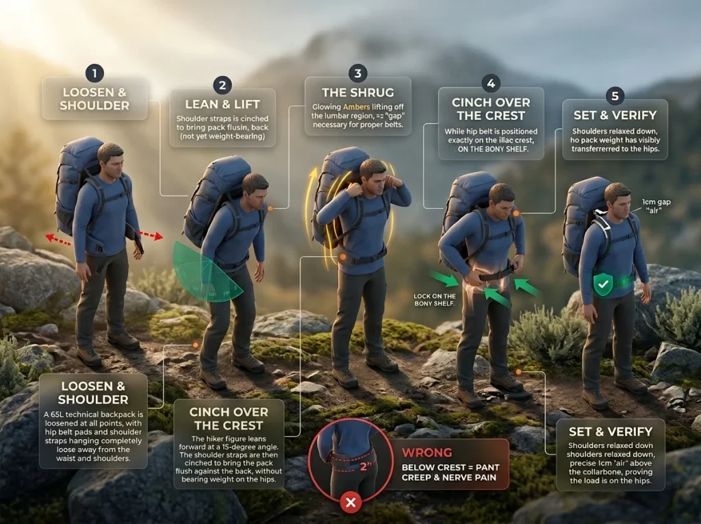 Infographic showing 5 steps of the Shrug-and-Cinch technique for proper backpack hip belt placement on the iliac crest